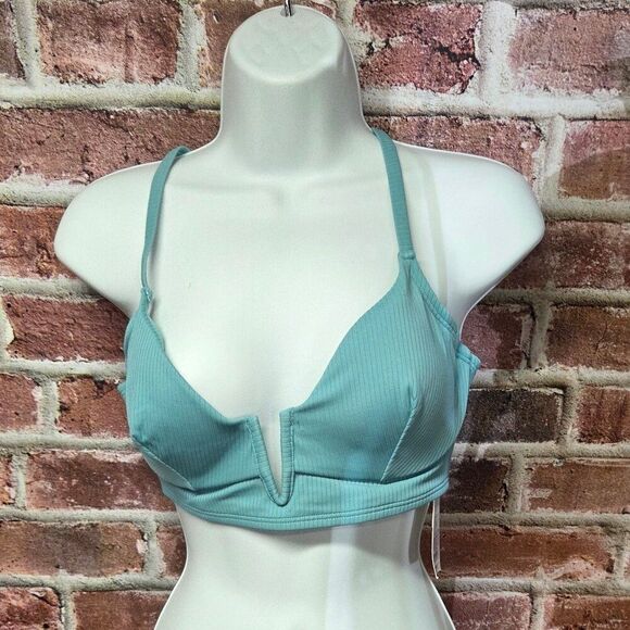 Shade & Shore Bikini Top 34D Green Triangle V Wire Ribbed Removable Cups Chic - Picture 1 of 6